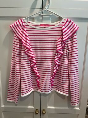 Lilly Pulitzer White & Hot Pink Striped Ruffle Sweater
